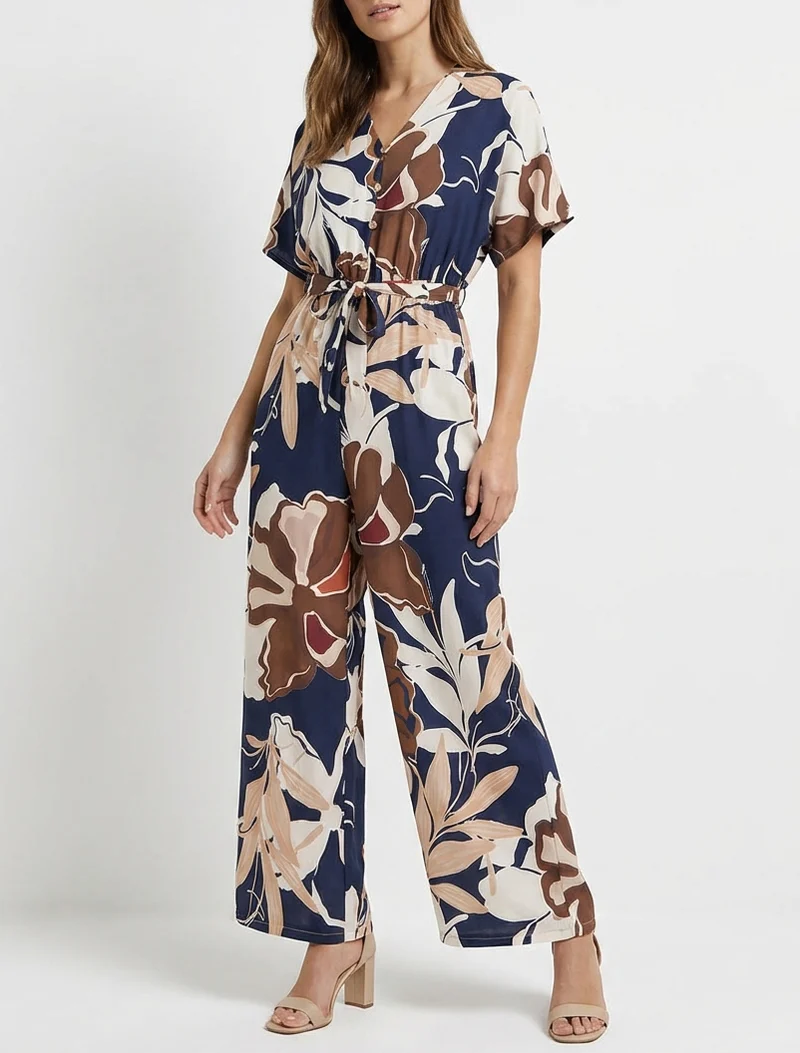 Combinaison imprimé floral à taille élastiquée - Marine