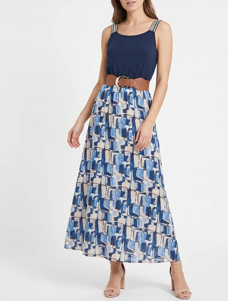 Robe longue imprimé graphique - Marine