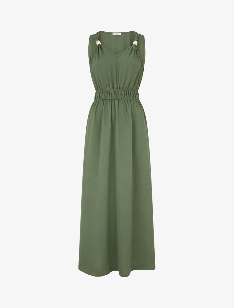 Robe unie à empiècement perles en bois - Kaki
