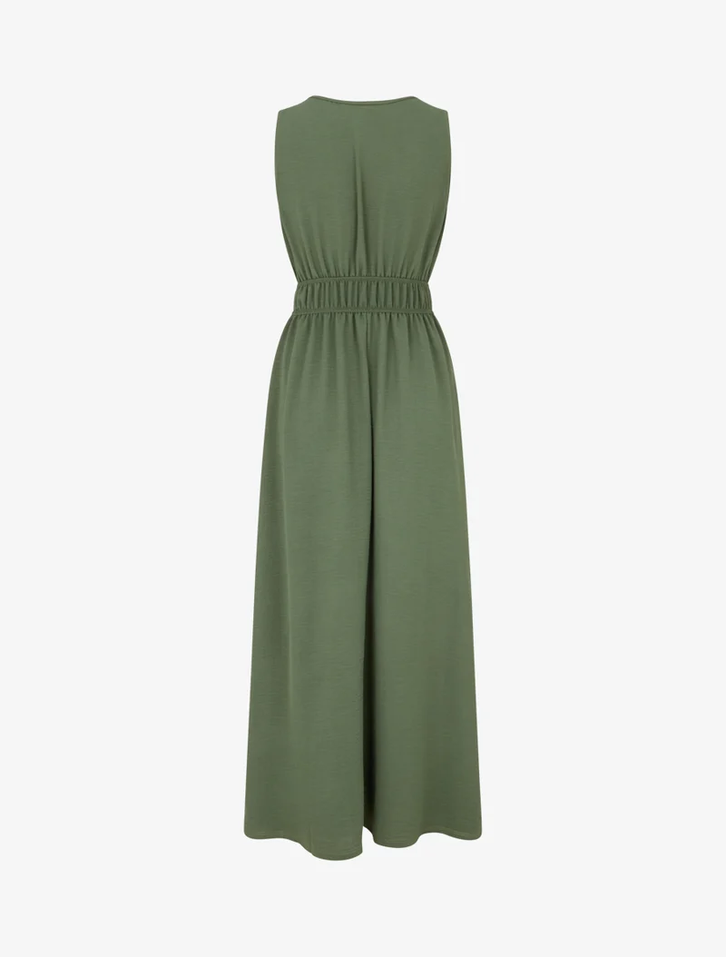 Robe unie à empiècement perles en bois - Kaki
