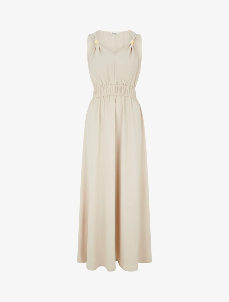 Robe unie à empiècement perles en bois - Beige