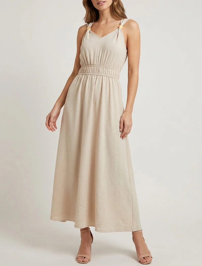 Robe unie à empiècement perles en bois - Beige