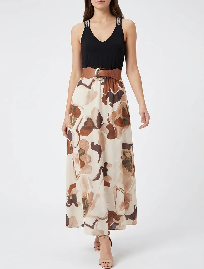 Robe longue imprimé fantaisie - Beige
