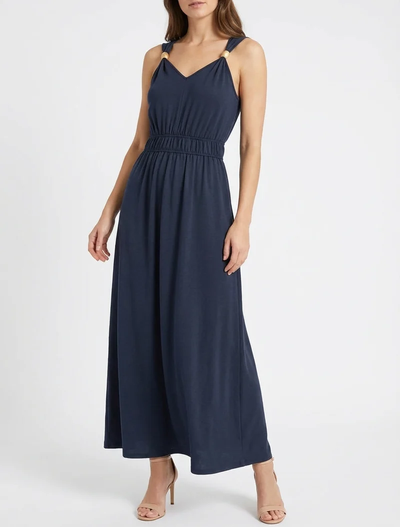 Robe unie à empiècement perles en bois - Marine