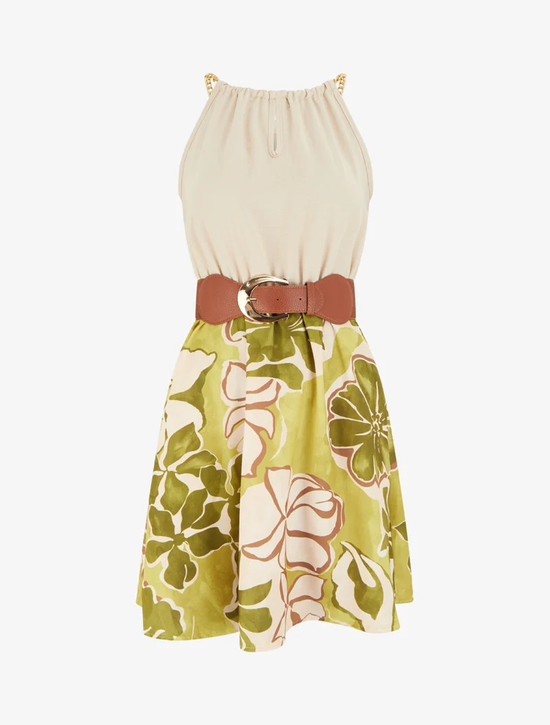 Robe à bretelles chaînes imprimé grandes fleurs - Vert olive