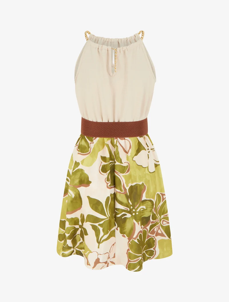 Robe à bretelles chaînes imprimé grandes fleurs - Vert olive