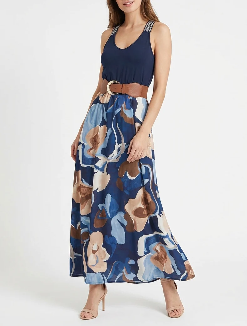 Robe longue imprimé fantaisie - Marine
