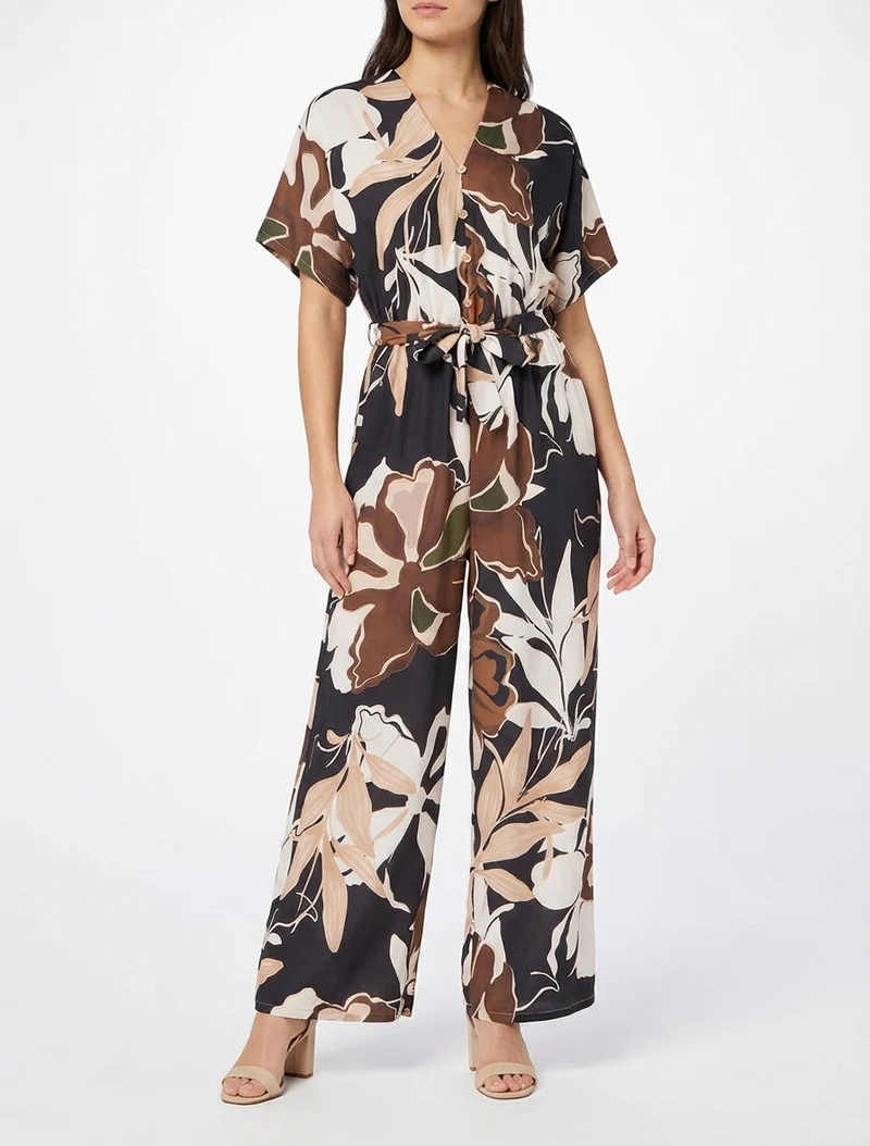 Combinaison imprimé floral à taille élastiquée - Noir