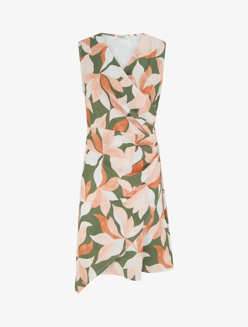 Robe style portefeuille sans manches imprimé feuillages - Kaki