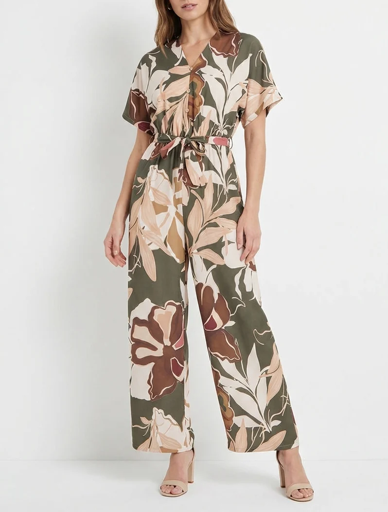 Combinaison imprimé floral à taille élastiquée - Kaki