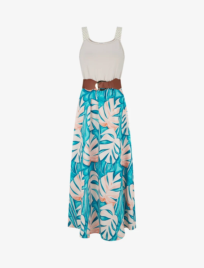 Robe longue imprimé feuillage - Bleu canard