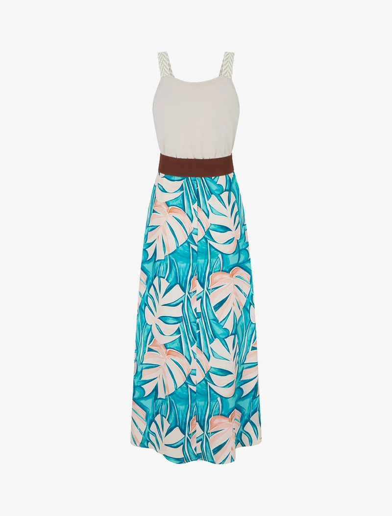 Robe longue imprimé feuillage - Bleu canard