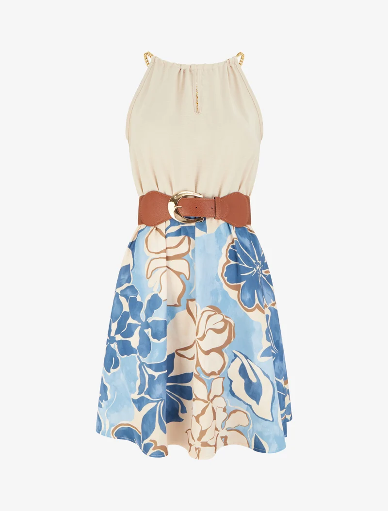 Robe à bretelles chaînes imprimé grandes fleurs - Bleu clair