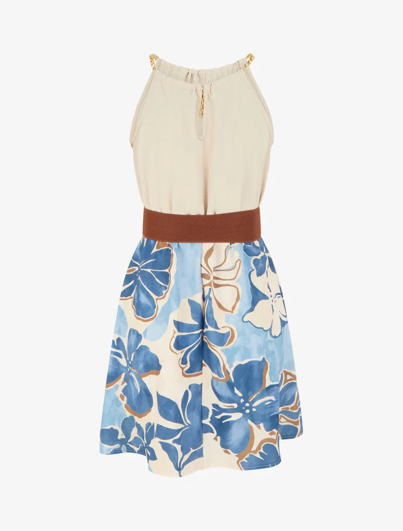 Robe à bretelles chaînes imprimé grandes fleurs - Bleu clair