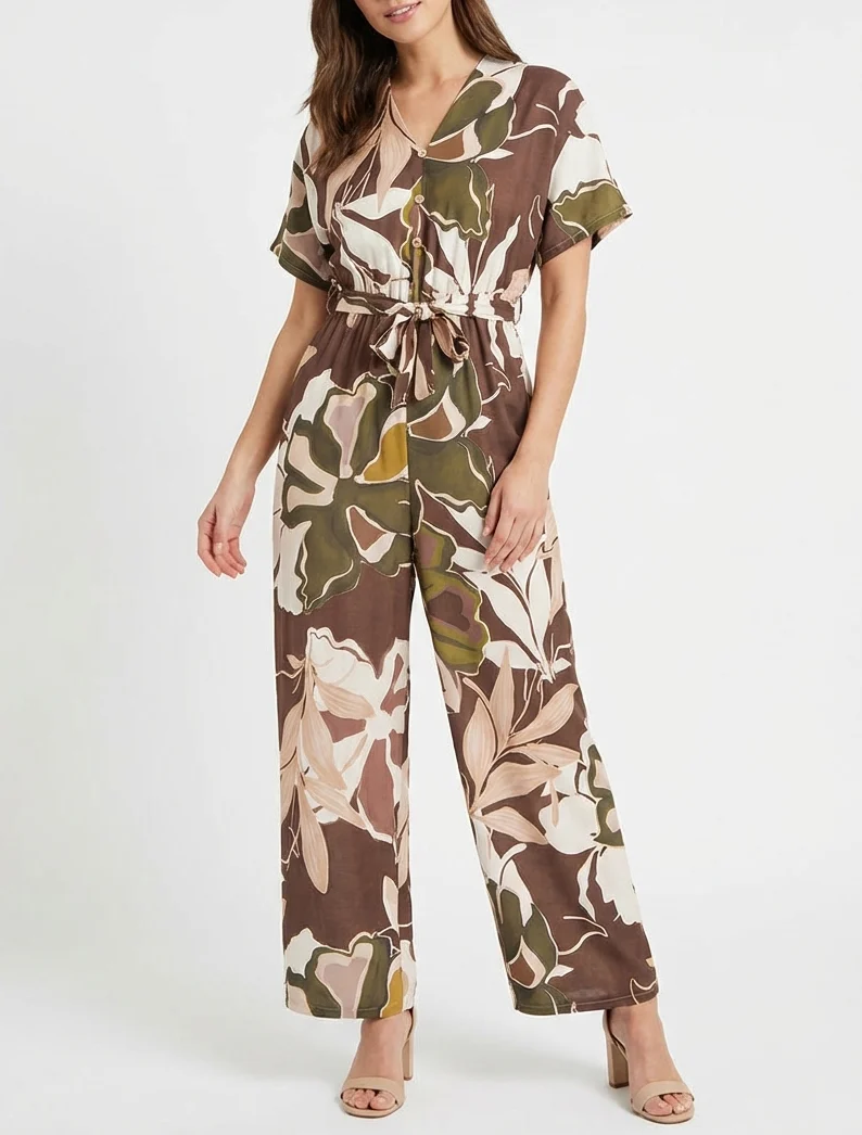 Combinaison imprimé floral à taille élastiquée - Marron