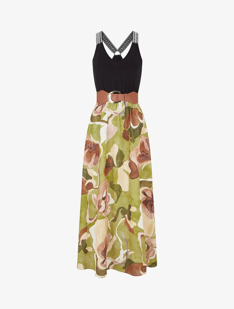 Robe longue imprimé fantaisie - Vert olive