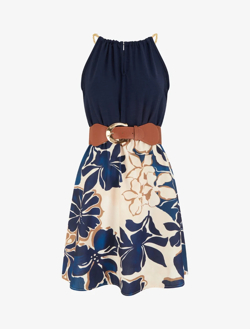 Robe à bretelles chaînes imprimé grandes fleurs - Marine