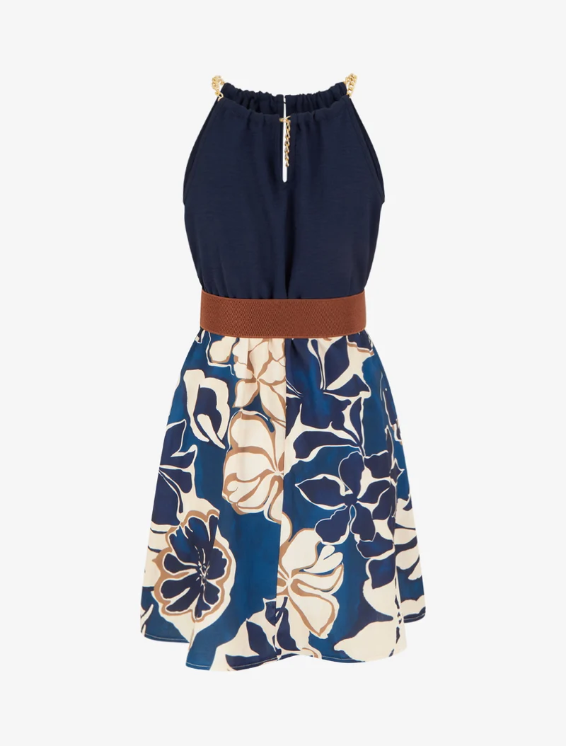 Robe à bretelles chaînes imprimé grandes fleurs - Marine