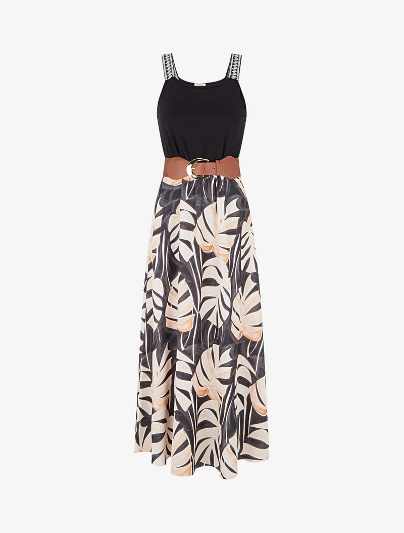 Robe longue imprimé feuillage - Noir