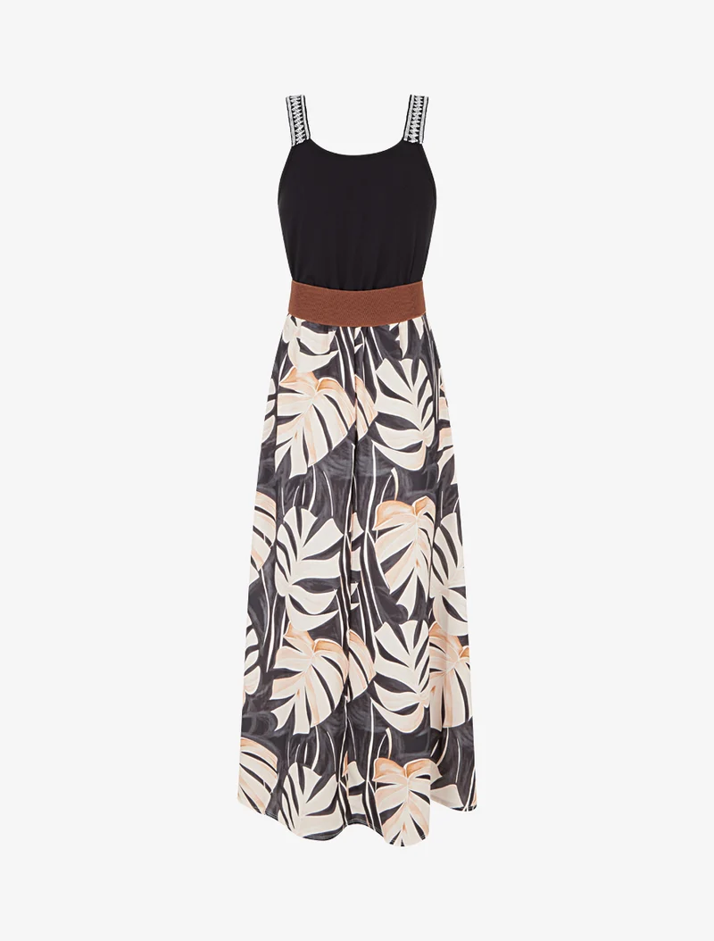 Robe longue imprimé feuillage - Noir