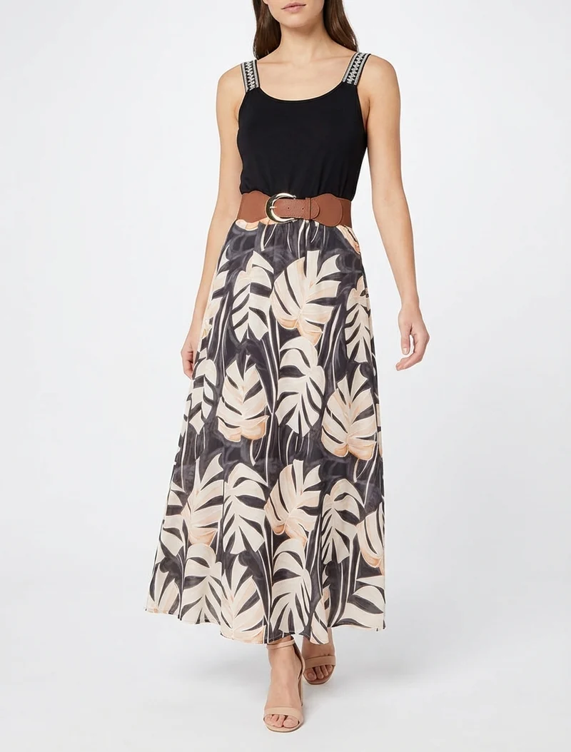 Robe longue imprimé feuillage - Noir