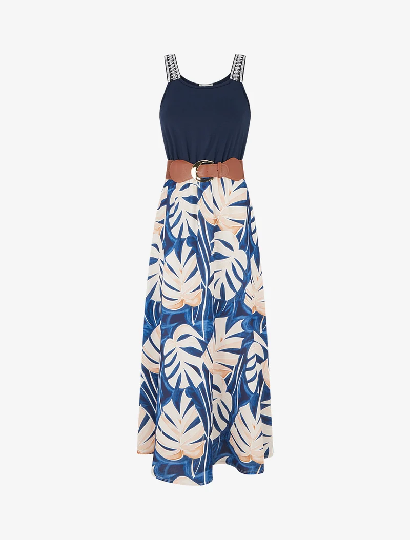 Robe longue imprimé feuillage - Marine