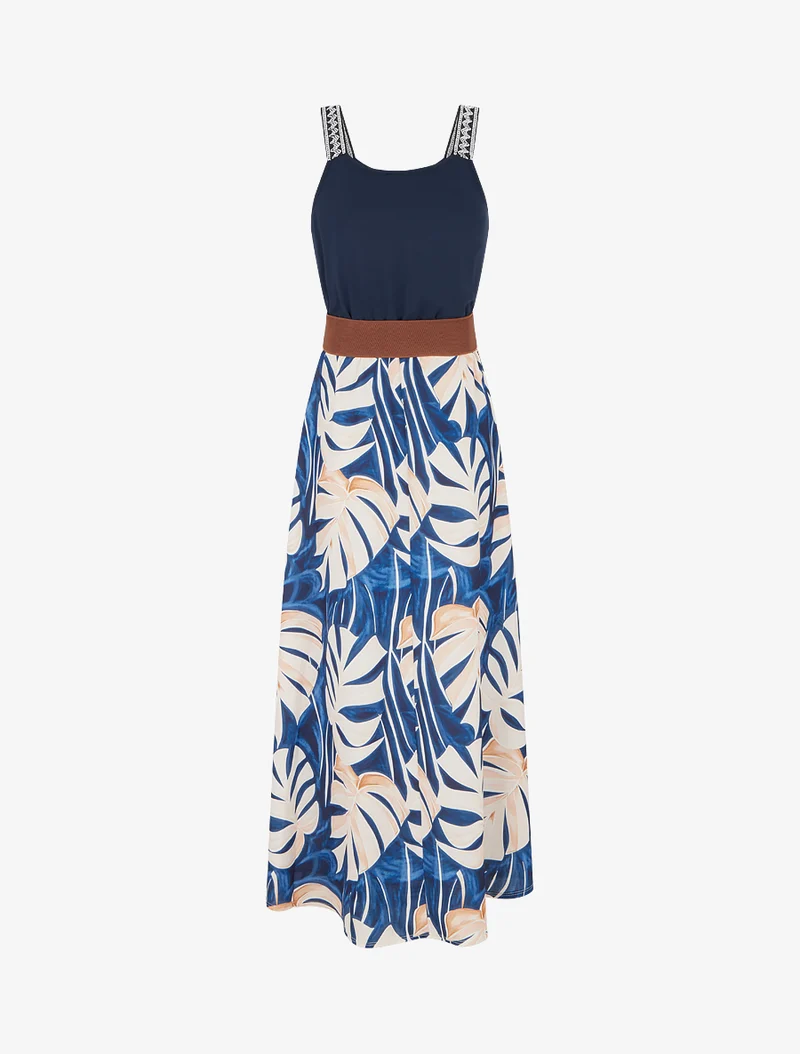 Robe longue imprimé feuillage - Marine
