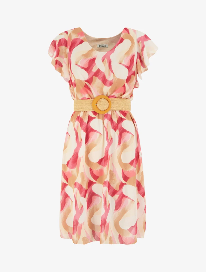Robe à mancherons volantés imprimé fantaisie - Rose