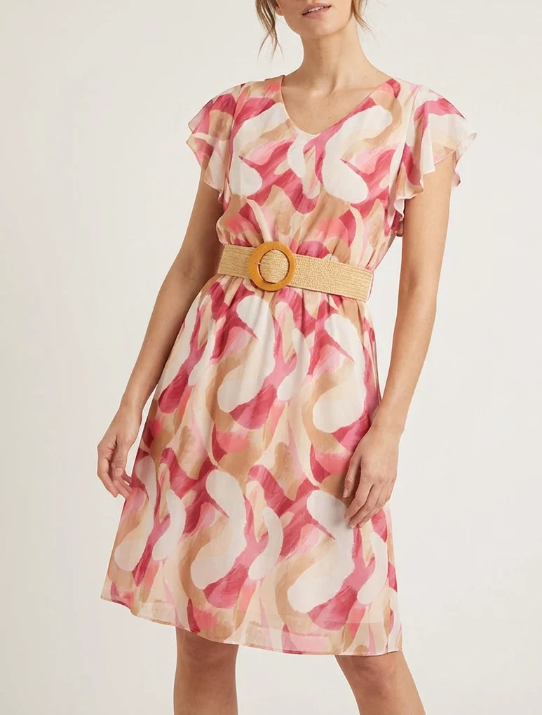 Robe à mancherons volantés imprimé fantaisie - Rose