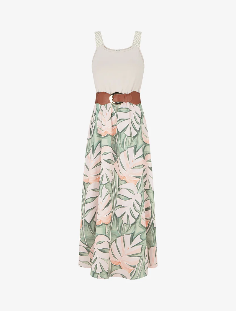 Robe longue imprimé feuillage - Beige