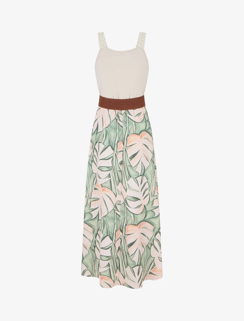 Robe longue imprimé feuillage - Beige