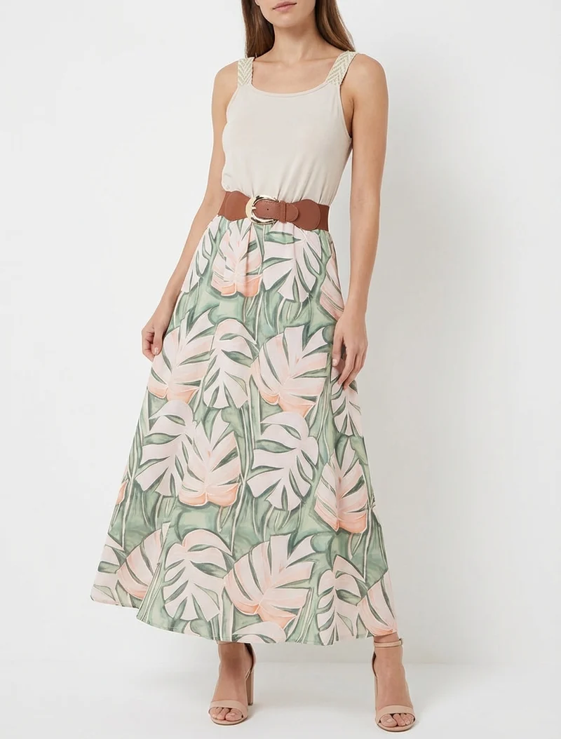 Robe longue imprimé feuillage - Beige