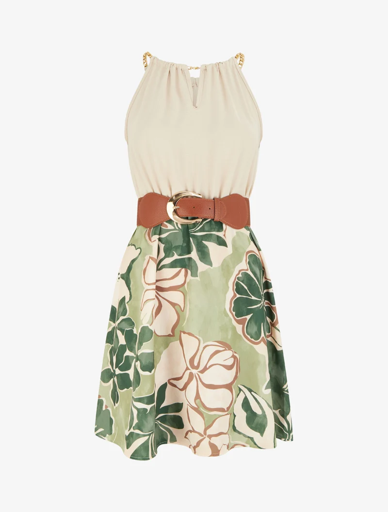 Robe à bretelles chaînes imprimé grandes fleurs - Kaki
