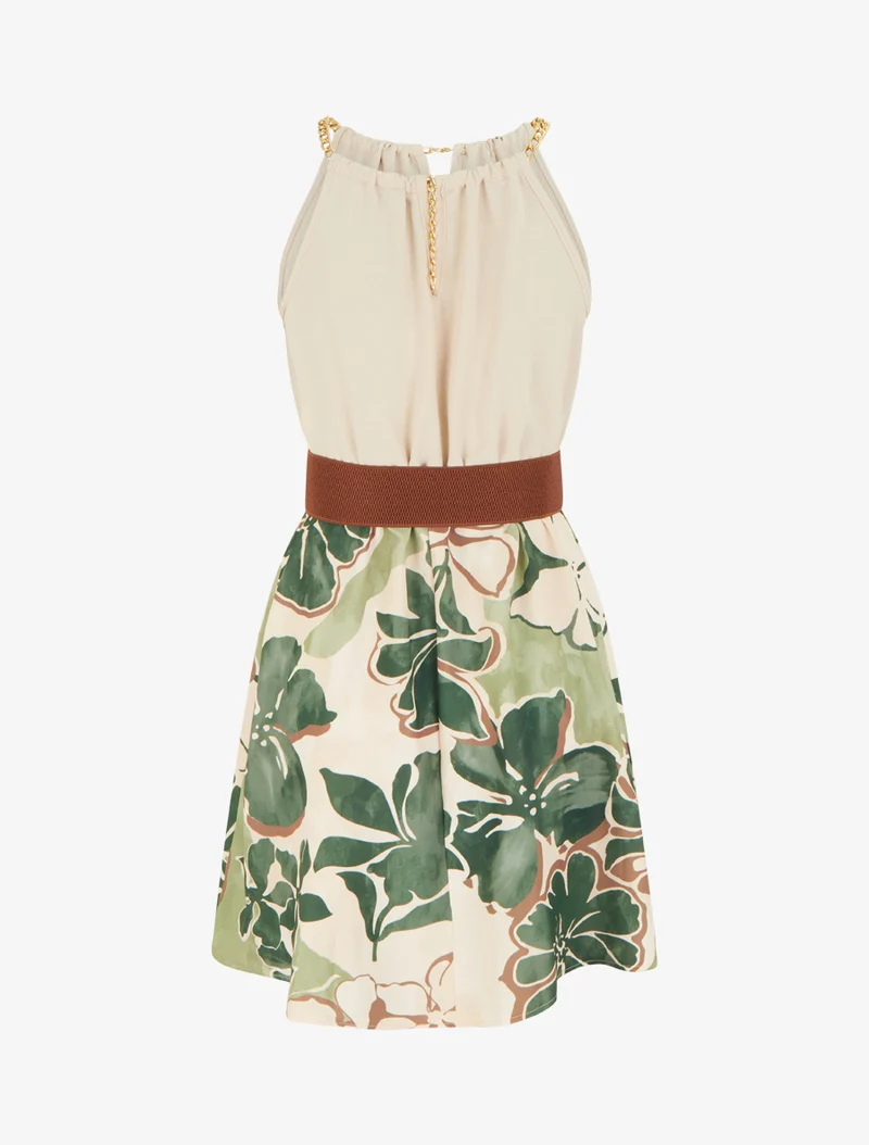 Robe à bretelles chaînes imprimé grandes fleurs - Kaki
