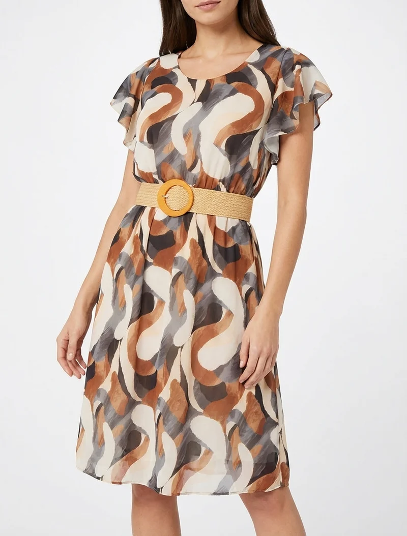 Robe à mancherons volantés imprimé fantaisie - Noir