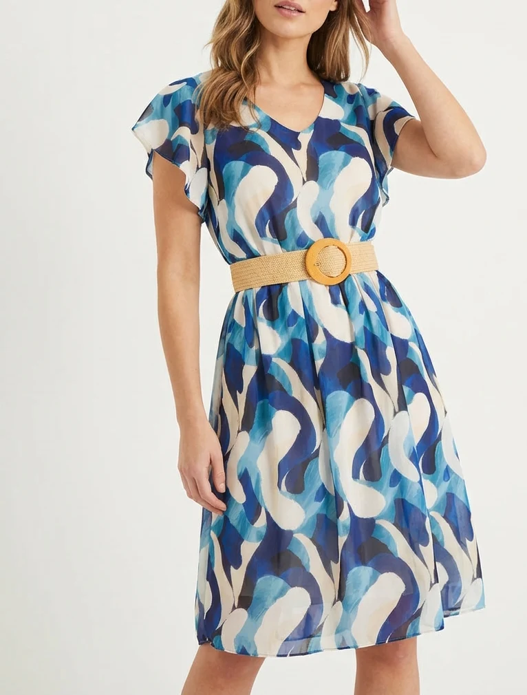 Robe à mancherons volantés imprimé fantaisie - Marine