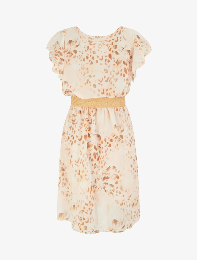 Robe à mancherons volantés imprimé léopard et fleurs - Camel