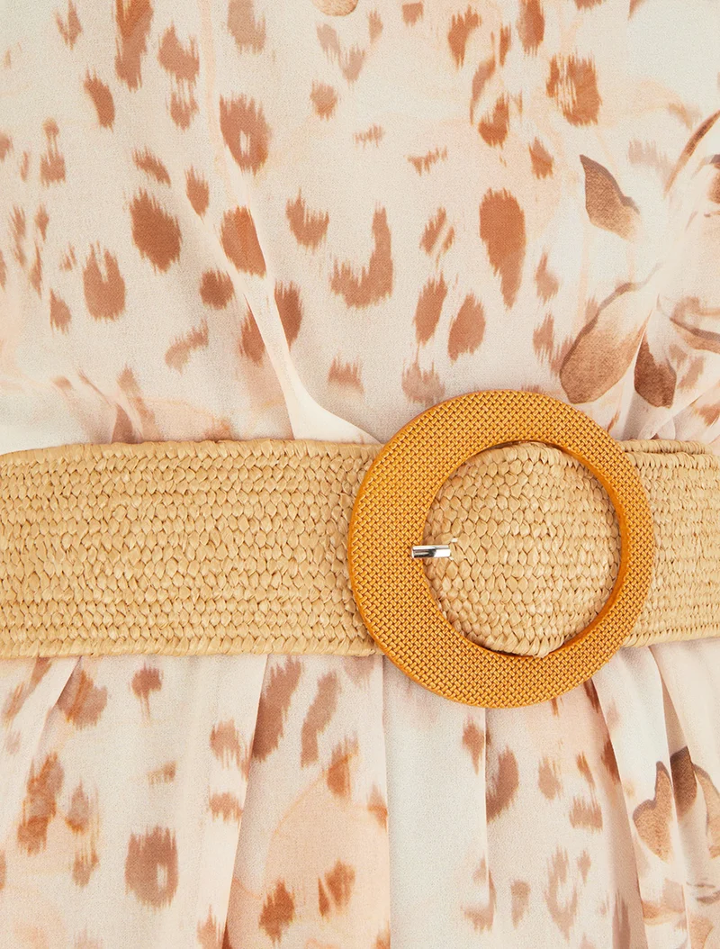 Robe à mancherons volantés imprimé léopard et fleurs - Camel