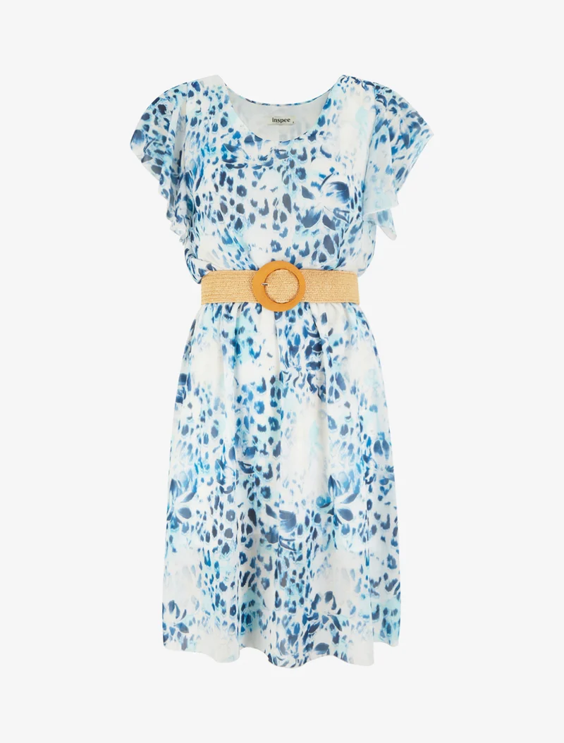 Robe à mancherons volantés imprimé léopard et fleurs - Marine