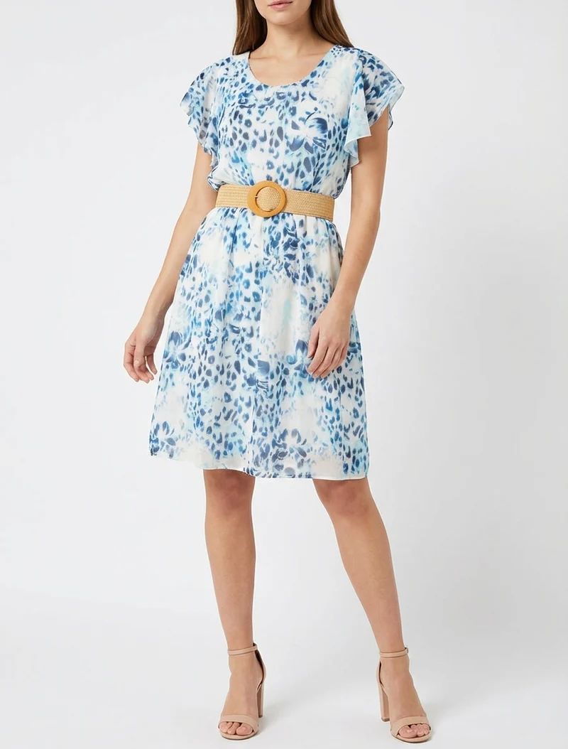 Robe à mancherons volantés imprimé léopard et fleurs - Marine