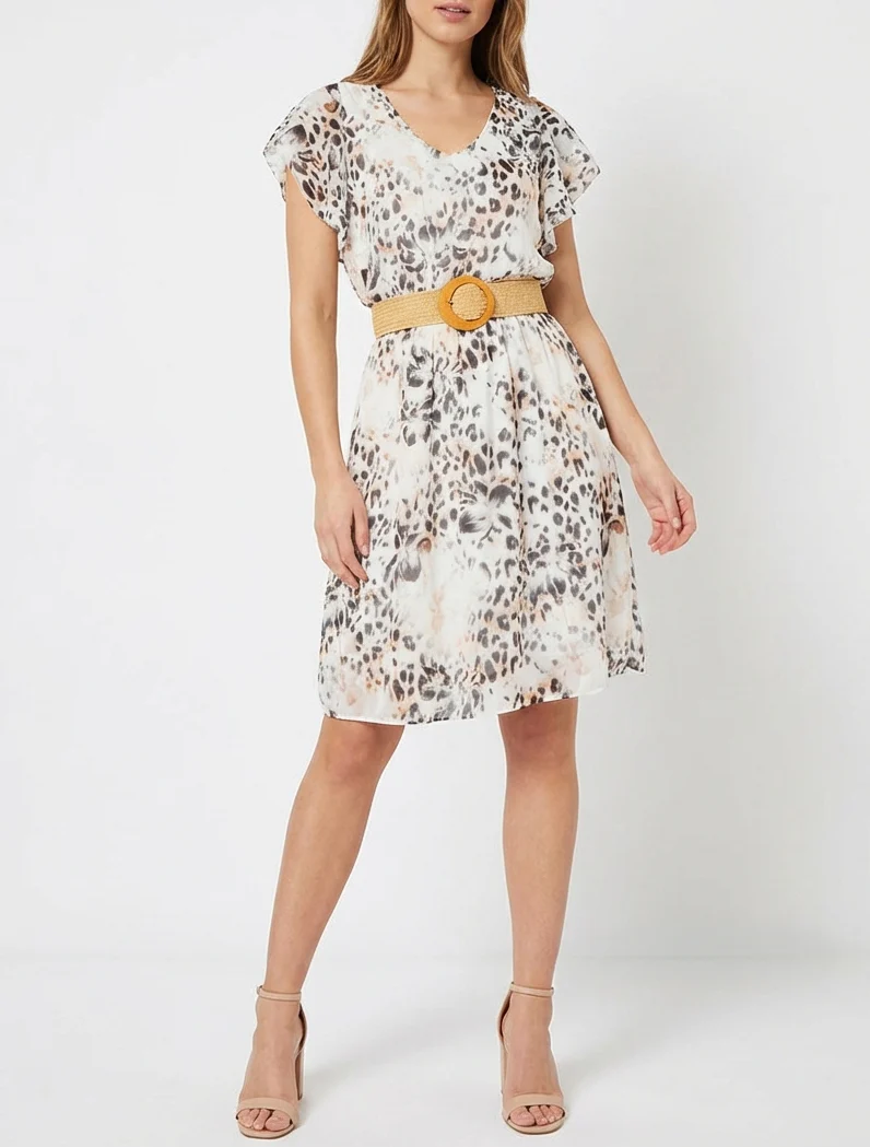 Robe à mancherons volantés imprimé léopard et fleurs - Noir