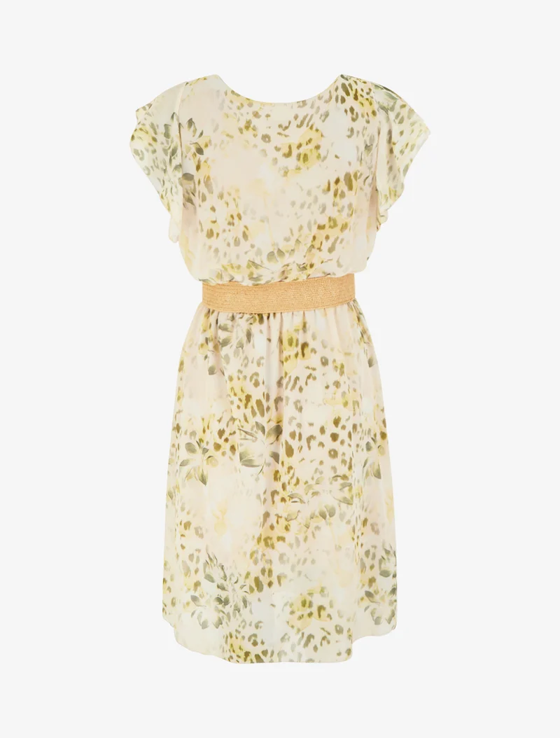Robe à mancherons volantés imprimé léopard et fleurs - Kaki