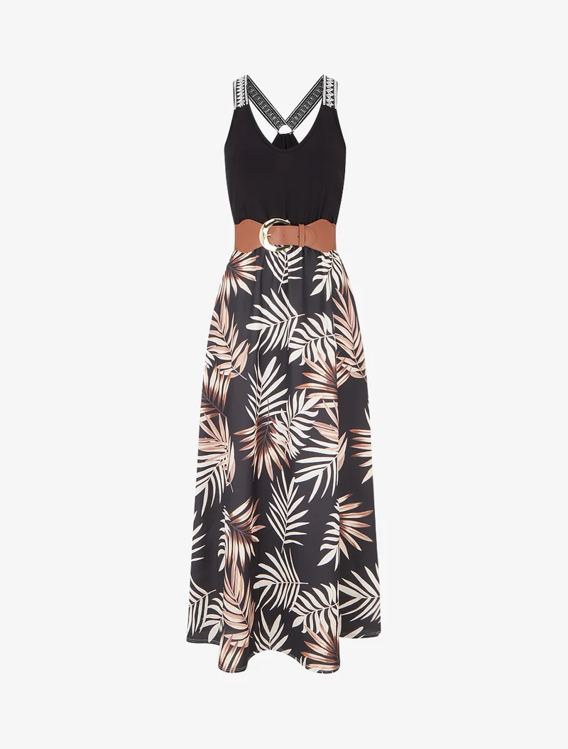 Robe longue imprimé feuillage - Noir