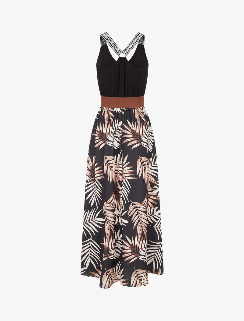 Robe longue imprimé feuillage - Noir