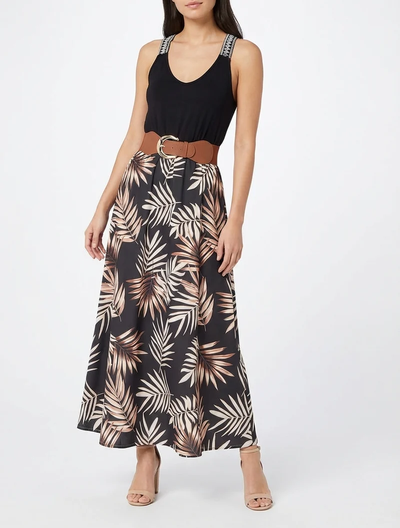 Robe longue imprimé feuillage - Noir