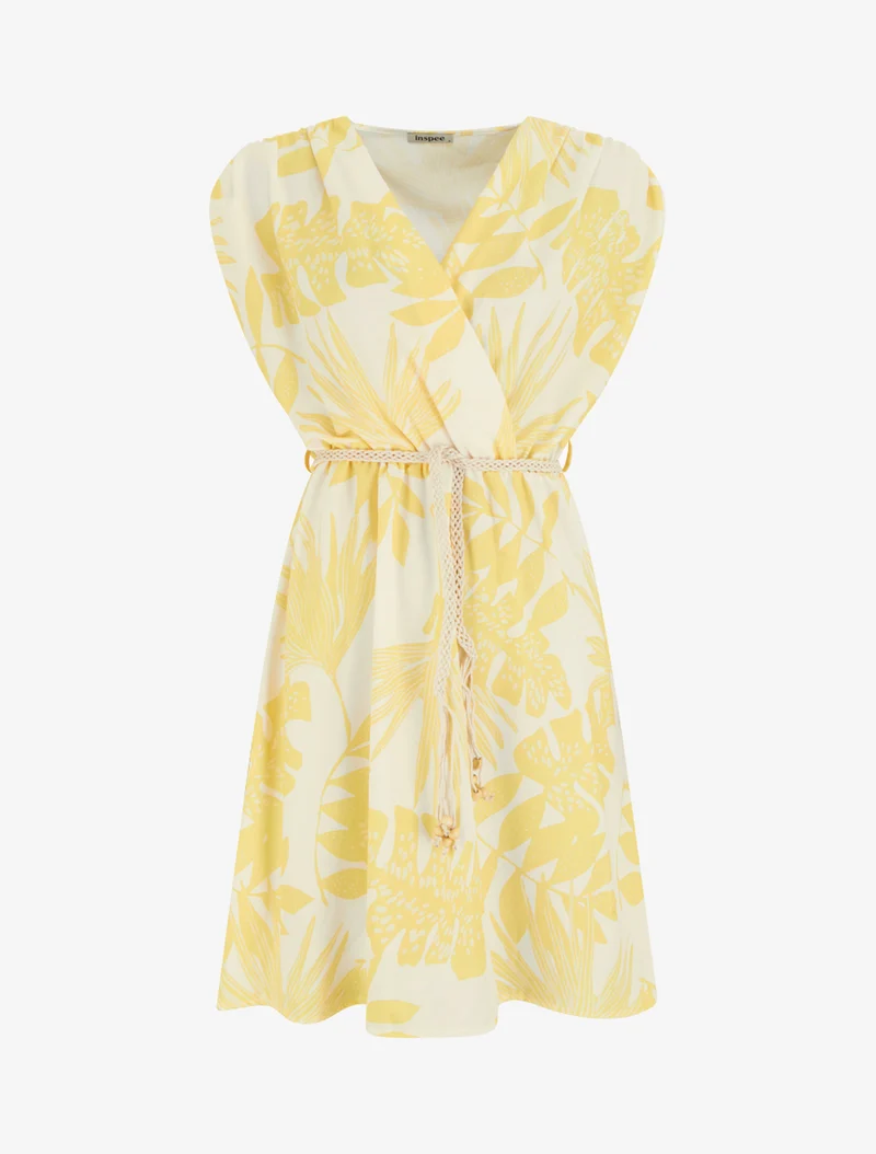 Robe mi-longue sans manches imprimé tropical - Jaune
