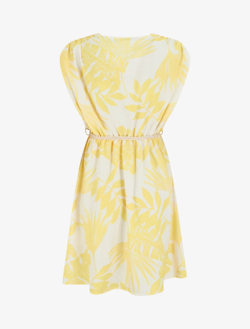 Robe mi-longue sans manches imprimé tropical - Jaune