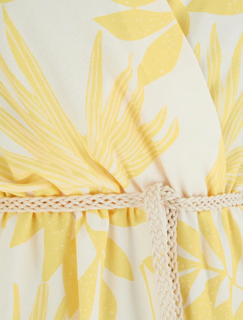 Robe mi-longue sans manches imprimé tropical - Jaune