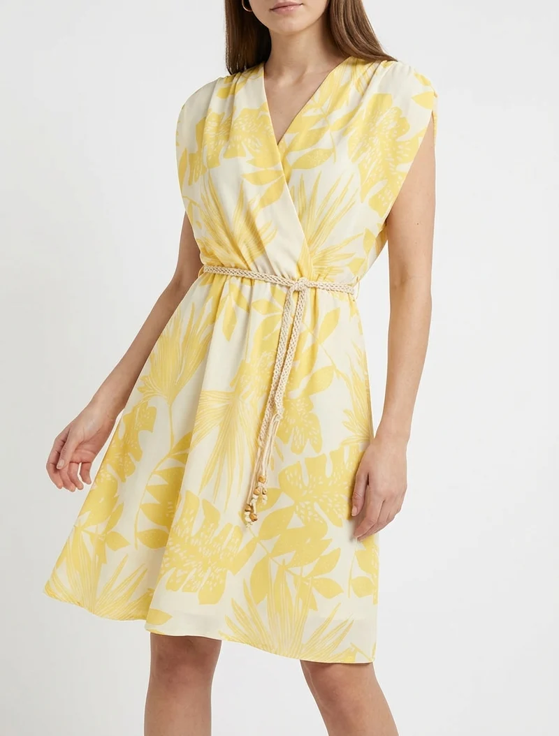 Robe mi-longue sans manches imprimé tropical - Jaune