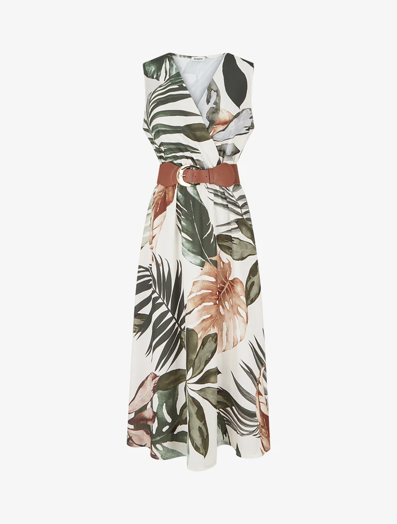 Robe sans manches imprimé feuillage - Kaki